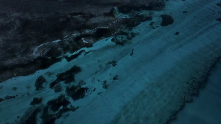 Coastal shoreline seen from above with dark areas contrasting against bluish waters
