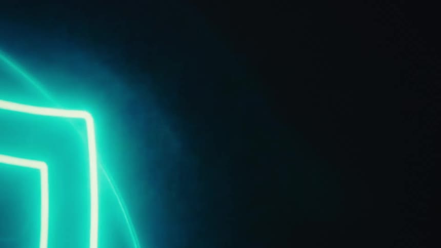Concentric blue rings flow out from a neon shape with a hexagonal background