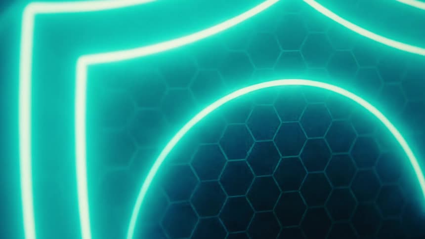 A bright neon turquoise outline of a shield shape pulses and rotates on a dark background with a subtle blue hexagonal grid pattern