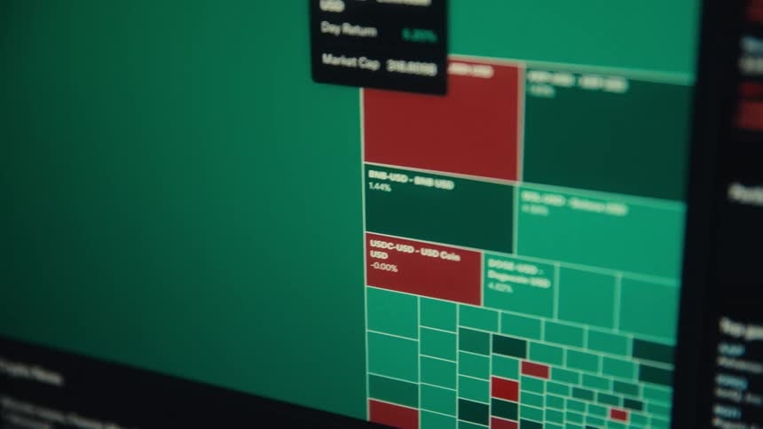 A closeup of a greenandred treemap of crypto market tiles with a solusd tooltip hovering over a block then moving the block