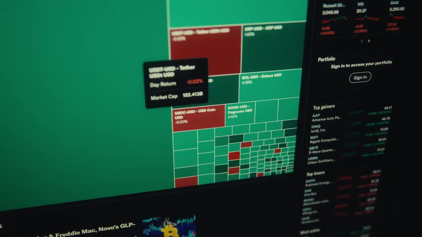 A tight greenandred treemap of market tiles with a hovering tooltip packed with tiny blocks and numeric panes conveys brisk watchful trading activity