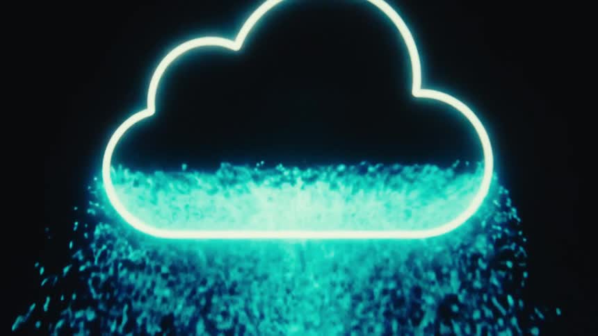 Bright blue particles spray upward some of them filling a newly outlined cloud and the rest falling again