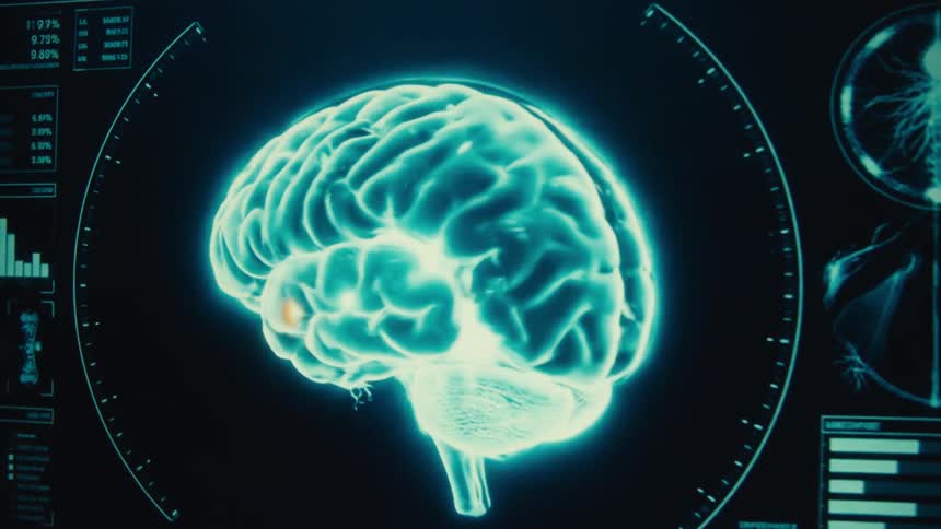 A scan of a brain is spinning on the computer monitor