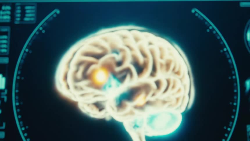 Futuristic medical screen displays a glowing 3d brain scan