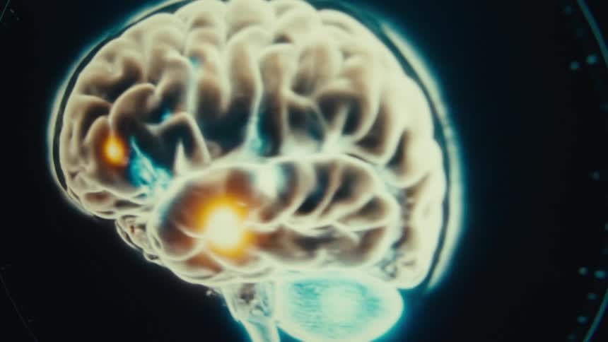Futuristic screen displaying a 3d rendered brain with glowing charts
