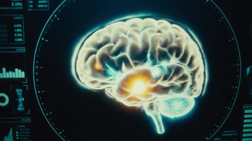 A closeup shot shows a futuristic medical screen displaying a 3d holographic scan of a human brain in a blue tint as the camera focuses a part of the brain illuminates with a bright yellow glow indicating a specific area of activity
