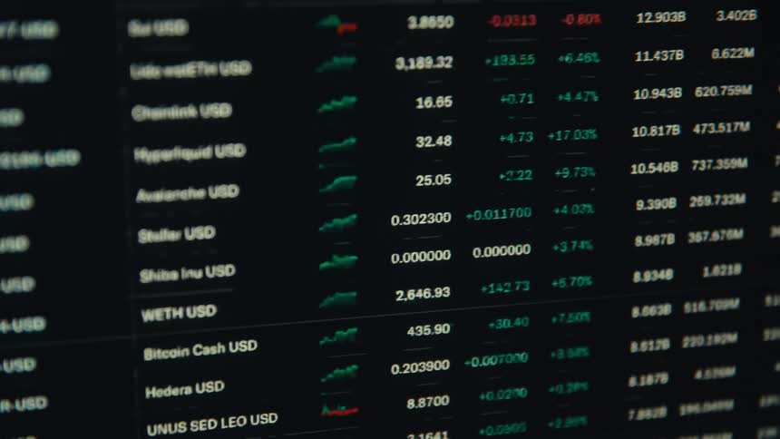 A screen with cryptocurrency market data and tickets that change