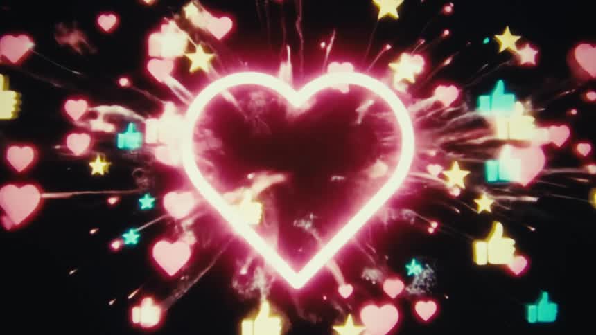 An animation begins with a white line drawing a heart shape against a black background the heart then fills with a vibrant red color and the background explodes with a confetti of glowing hearts stars and thumbsup emojis