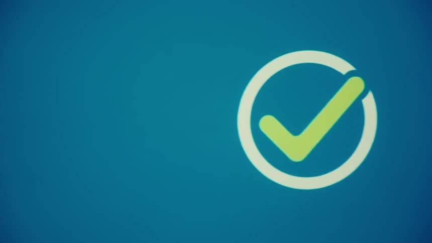 An animated fingerprint icon transforms into a green checkmark which then moves along a line and expands into a large prominent checkmark against a blue background