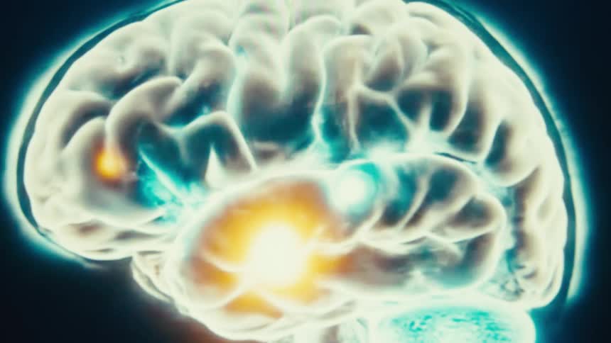 A brain model rotates on a digital display highlighting areas of activity as a data interface surrounds it