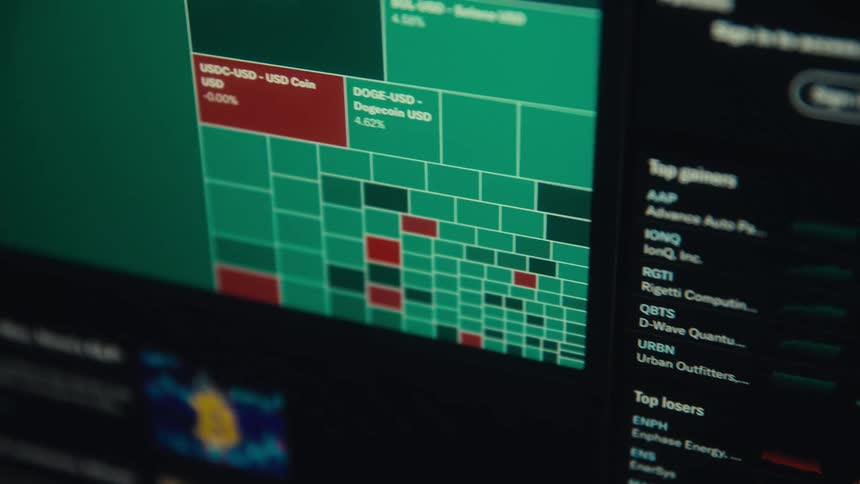 A shot shows a screen with financial data including graphs and numbers and a list of top gainers