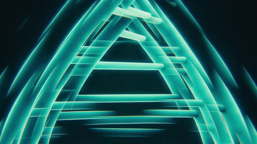 Closeup ofa glowing neon blue dna helix in a futuristic abstract frame