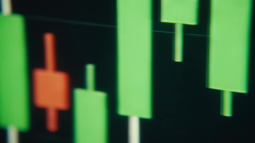 A closeup shot shows a digital financial chart with red and green candlestick graphs on a black background the camera pans slowly to the right showing the bars moving up and down to reflect market changes