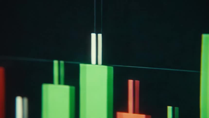 Tall green candlestick bars with thin white wicks rise against a dark background their sharp tops and bottoms hinting at sudden bullish spikes and shortterm volatility