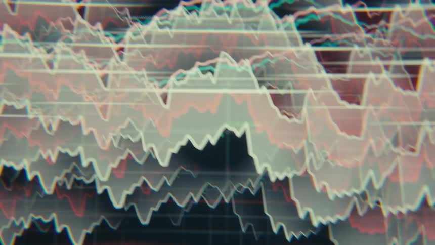 Overlapping line and candlestick charts display intense financial fluctuations