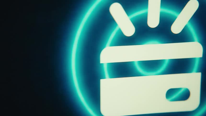 Concentric blue circles expand behind a white logo that includes a stylized credit card