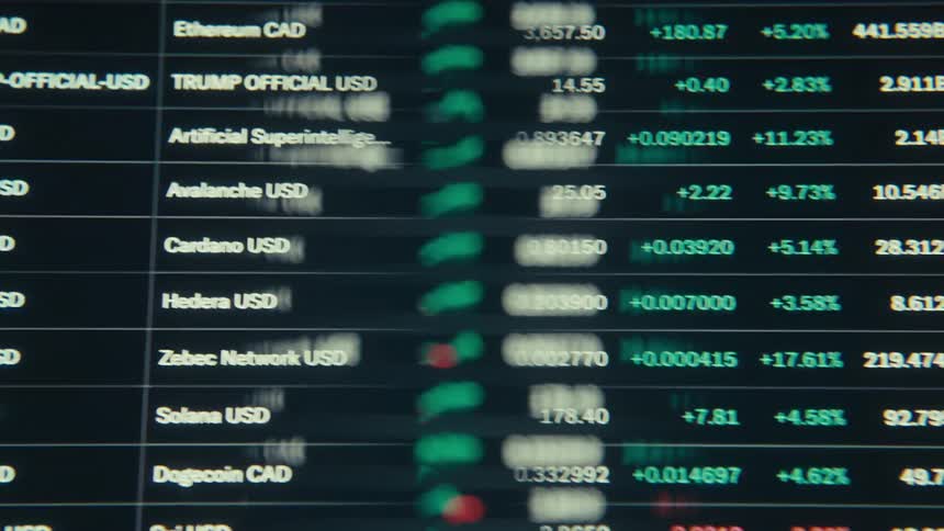 Cryptocurrency quotes display positive and negative variations in usd and cad