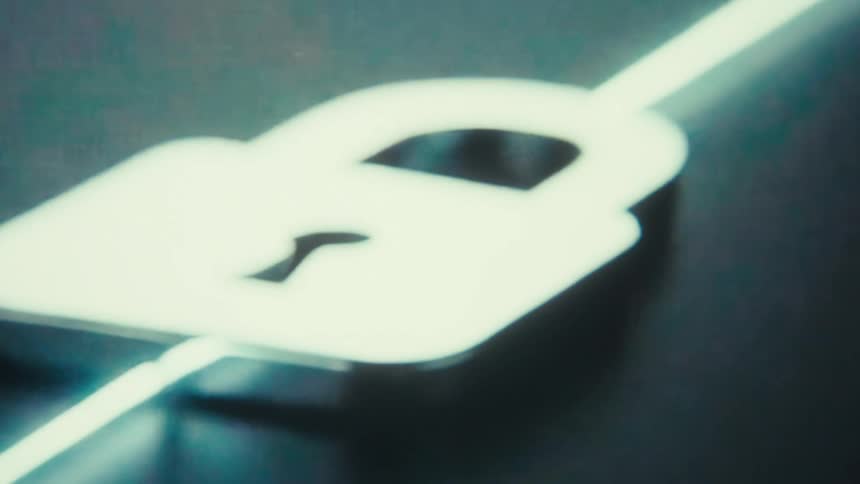 A glowing cyan hubandpadlock graphic frames a stylized network lock