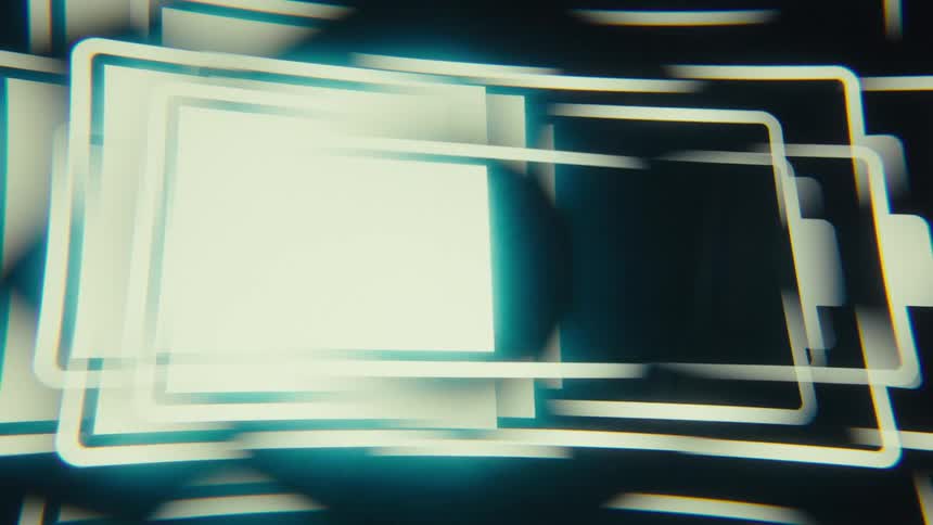 Closeup of overlapping glowing rectangular frames in a digital animation