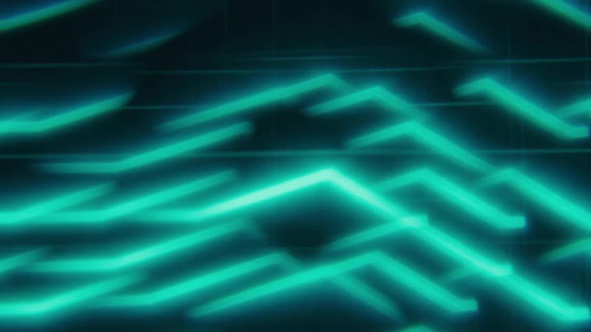 A dynamic motion graphics video shows glowing turquoise lines moving in a zig zag pattern across a dark digital grid