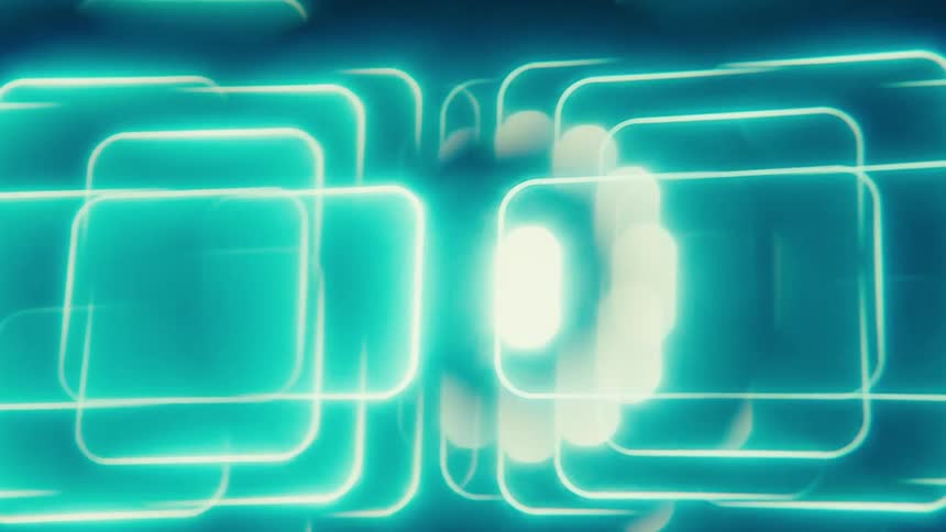 A shot shows an abstract background with squares of light moving and glowing on a dark screen