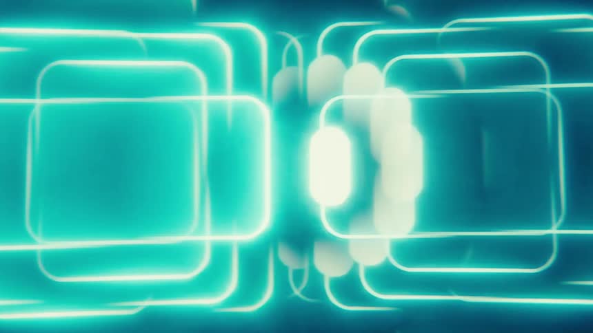 A vibrant digital visual shows bright light blue square shapes with rounded corners moving in a futuristic pattern against a blurred background