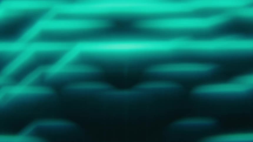 A futuristic dark video shows bright glowing blue lines with a digital glitch effect moving and morphing on the screen
