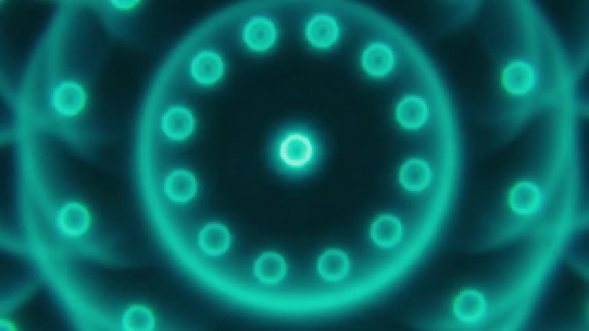 A large glowing turquoiseblue orb in the center surrounded by smaller scattered glowing spheres set against a dark background