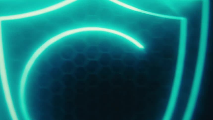 A blue neon outline of a shield shape appears a circular light passes through the shields outline and the circular light moves along a path