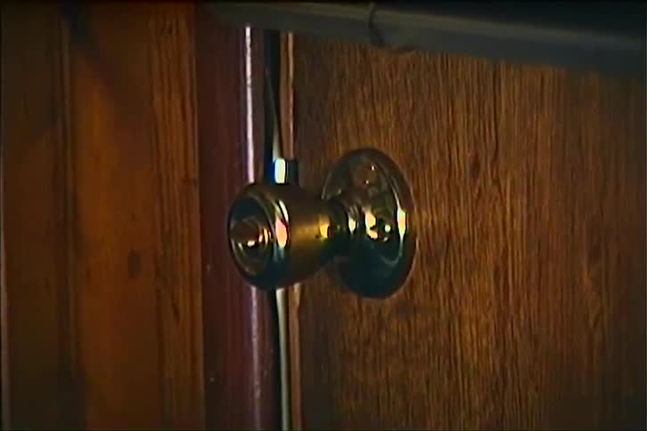A door that is the same wood as the walls has a window with blinds on it