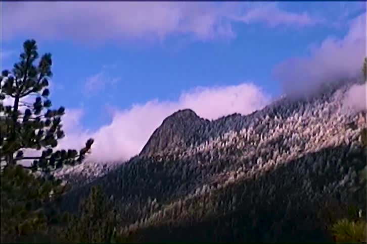 Mountains partially covered by clouds in the background with trees in the foreground