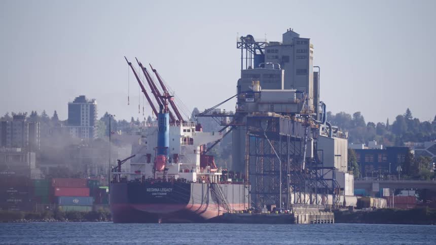 A cargo boat docked on a distribution depots harbor next to piles of shipping containers and cranes