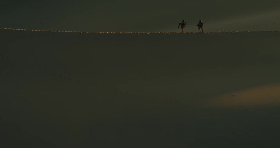 Two people walking along the crest of a dune lit by the sun