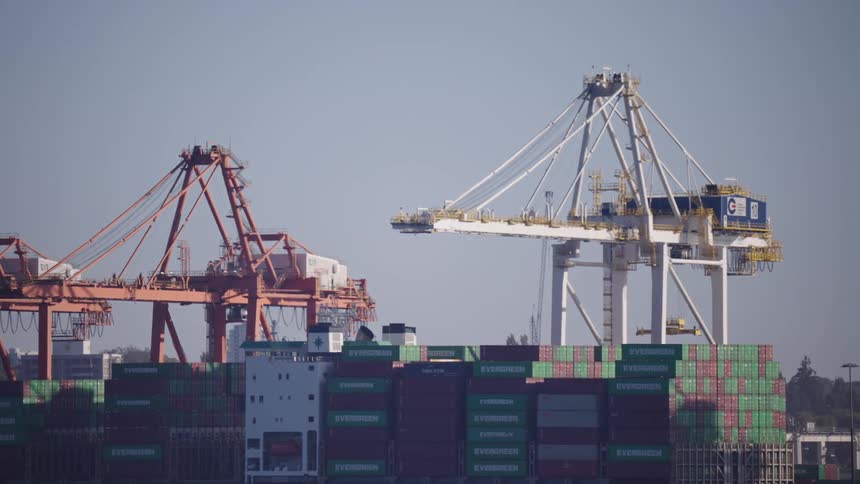 This shot captures a busy harbor with two large cranes towering over a massive cargo ship the ship is loaded with green and red shipping containers and a forested coastline is visible in the background