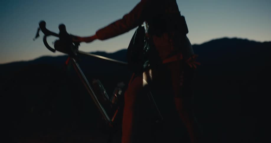 Two people in silhouette with bicycles at sunset
