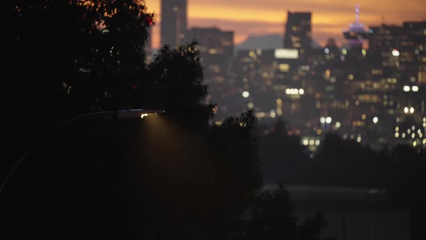 A lit streetlamp outdoors in a metropolitan city street at sunset