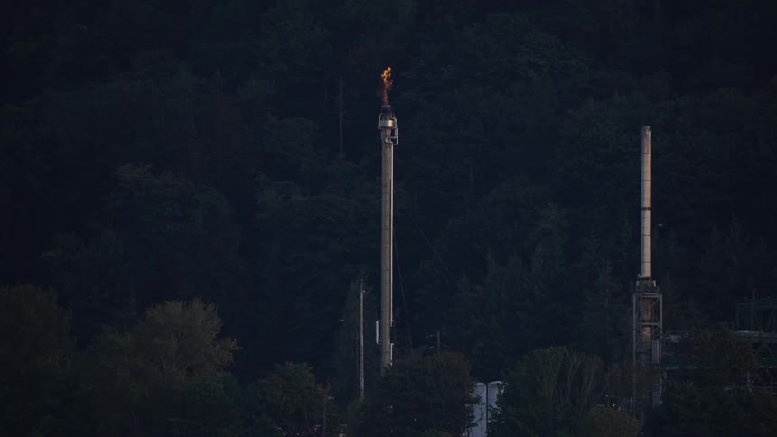 Industrial chimney with a burning flame surrounded by forest area