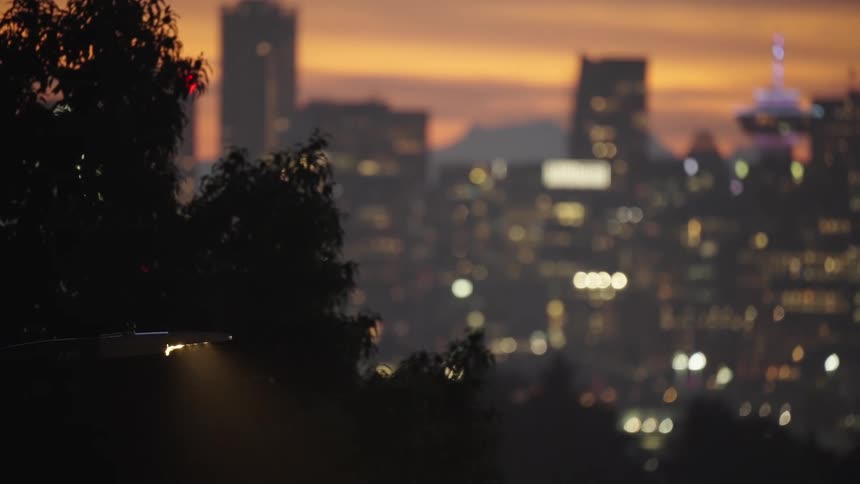 Streetlight turned on in front of trees with a blurred city in the background at sunset