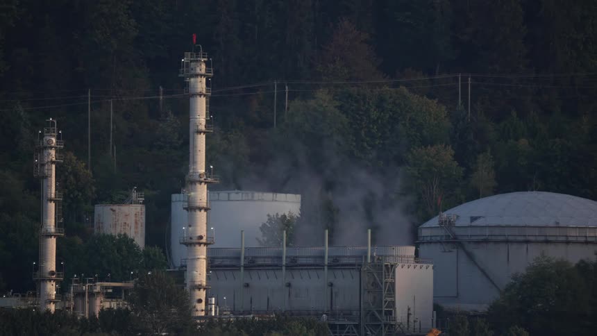 Industrial smokestacks and chimneys letting out smoke surrounded by trees