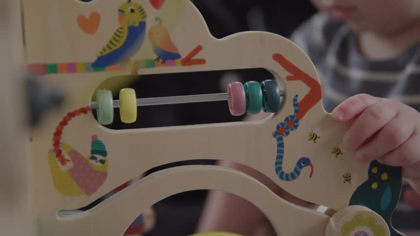 Child plays with a colorful wooden toy decorated with animal illustrations