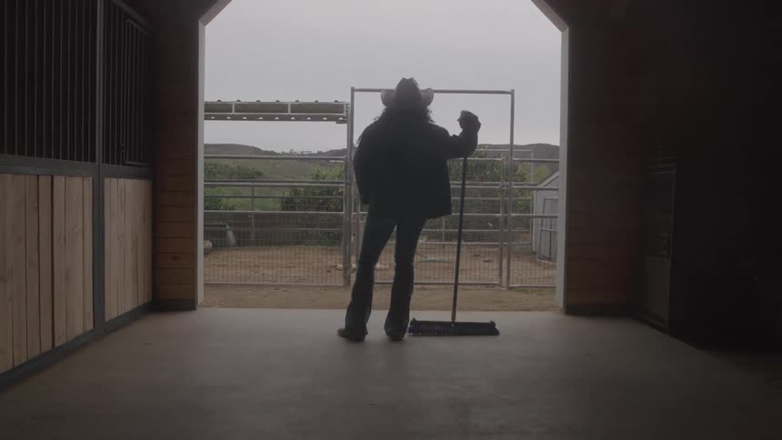 Silhouette of a woman with a hat holding a squeegee at the stable entrance