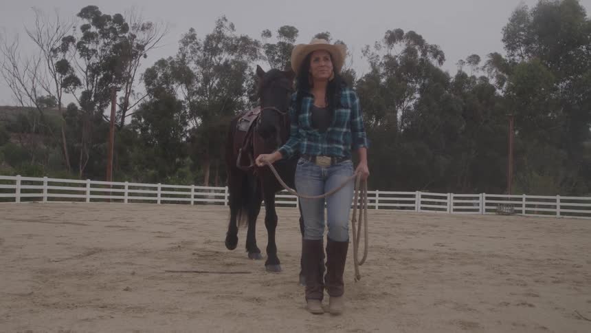 A woman walks her horse