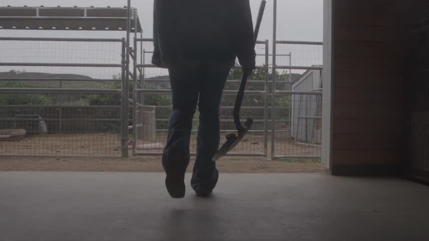 The woman carries a shovel out of the barn