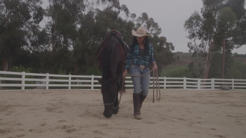 Woman wearing a cowboy hat walks beside a horse in a paddock