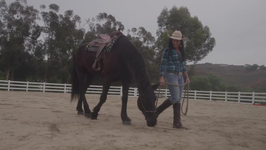 Woman in a cowboy hat leads a saddled horse lowering its head to the ground in the arena