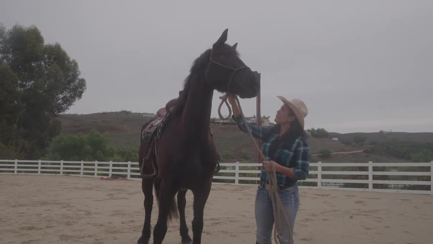 Woman wearing a cowboy hat holds a black horse in a paddock