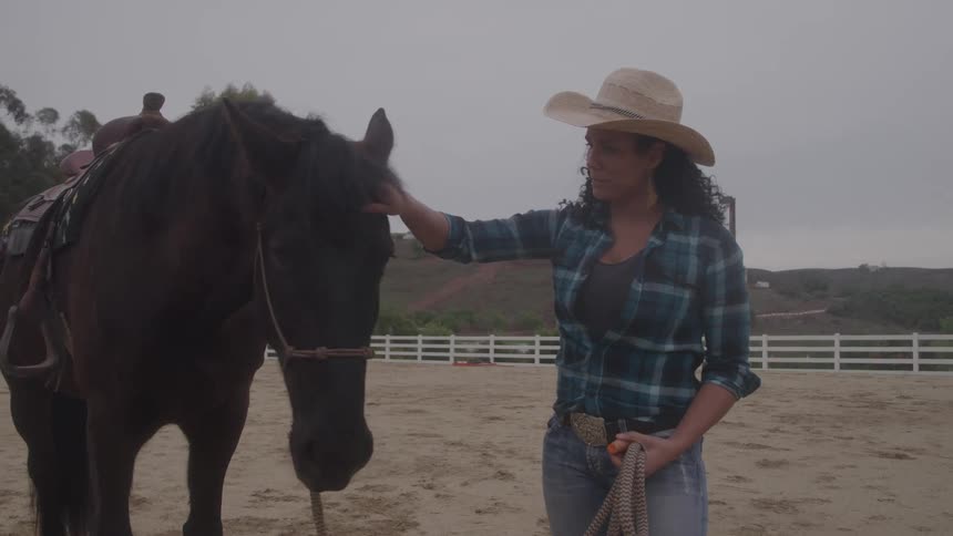 Woman in a straw hat pets a dark brown horse in a sandy enclosure