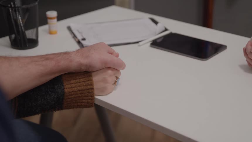 Close up of a couple holding hands on a table while seated in a medical consulting room