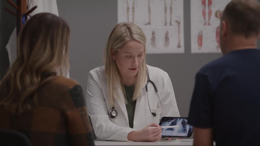 Doctor showing a scan to two people during a consultation