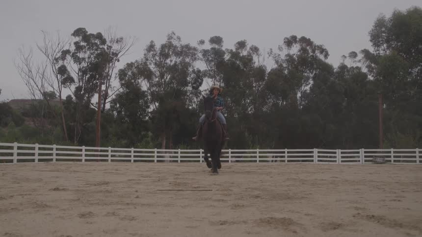 Woman wearing a hat rides a horse in an arena surrounded by trees